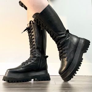 black zara chunky lace up platform boots
